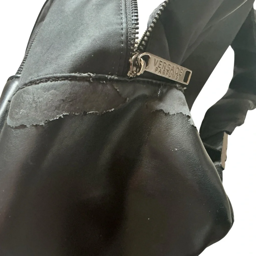 Versace Medusa head black faux patent leather nylon backpack